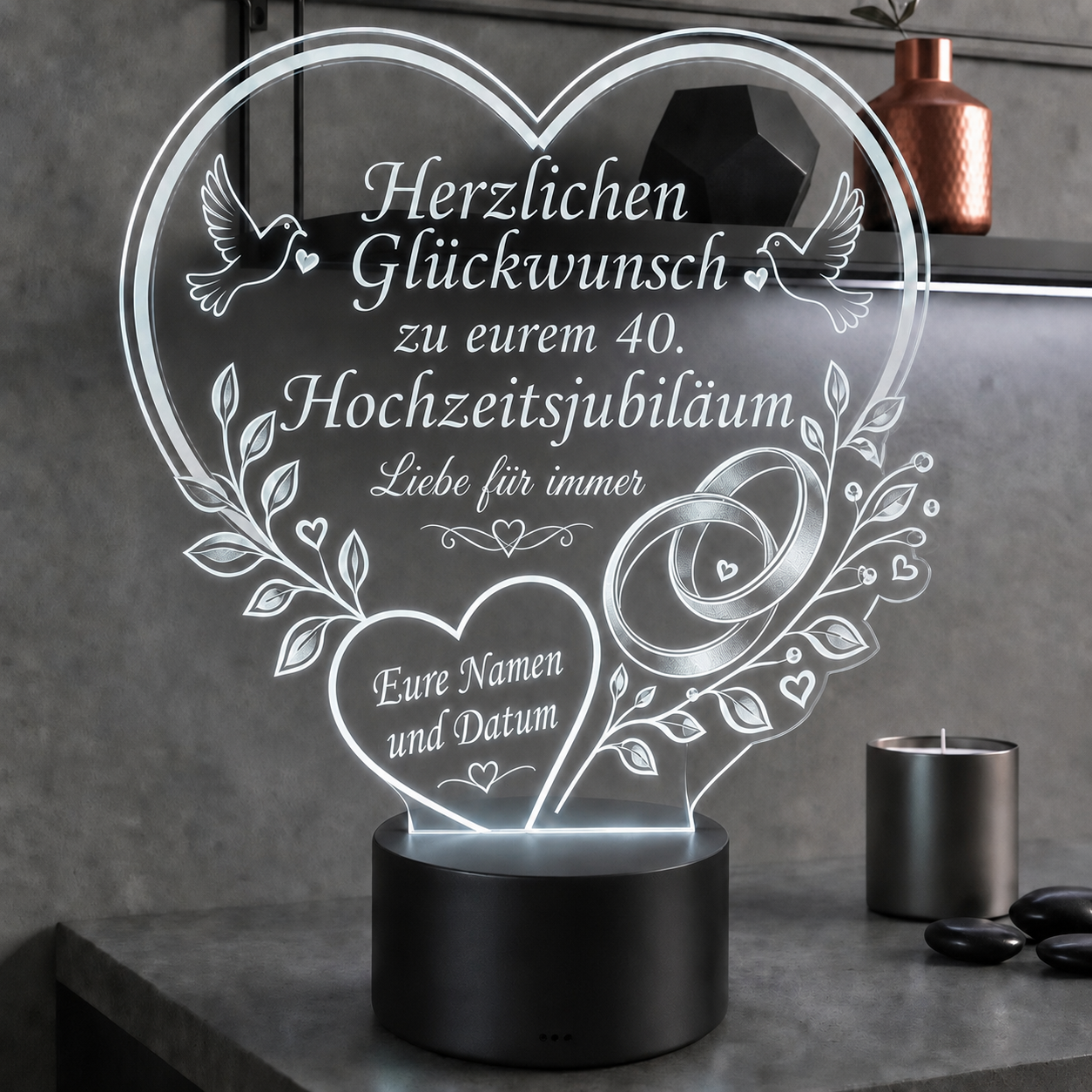 XL LED-Lampe Hochzeitsjubiläum – Personalisiert mit Namen & Datum (25x23 cm)