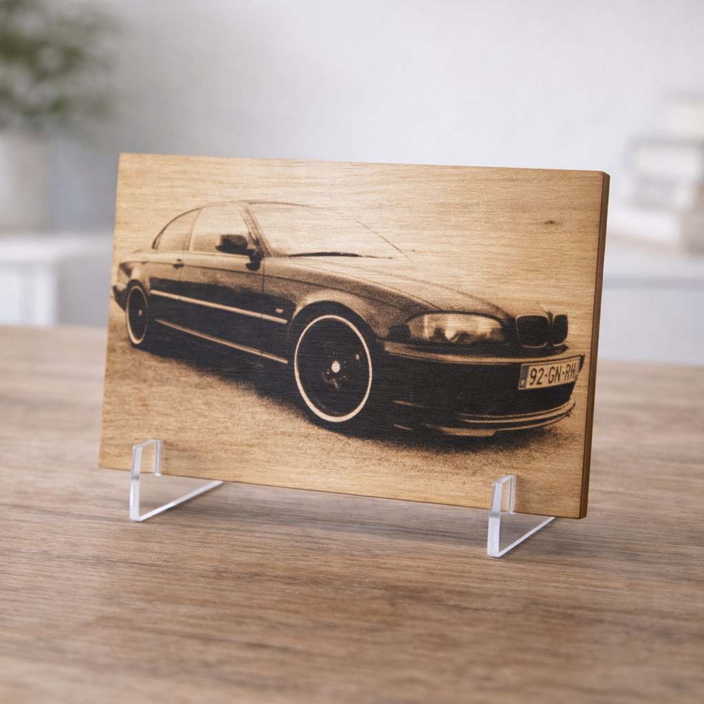 Foto auf Holz 30x20 cm – Auto graviert mit Ständer – Personalisiertes Geschenk