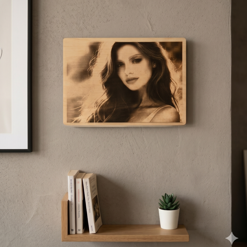 Foto auf Holz 20x15 cm – Frau graviert an Wand – Personalisiertes Geschenk