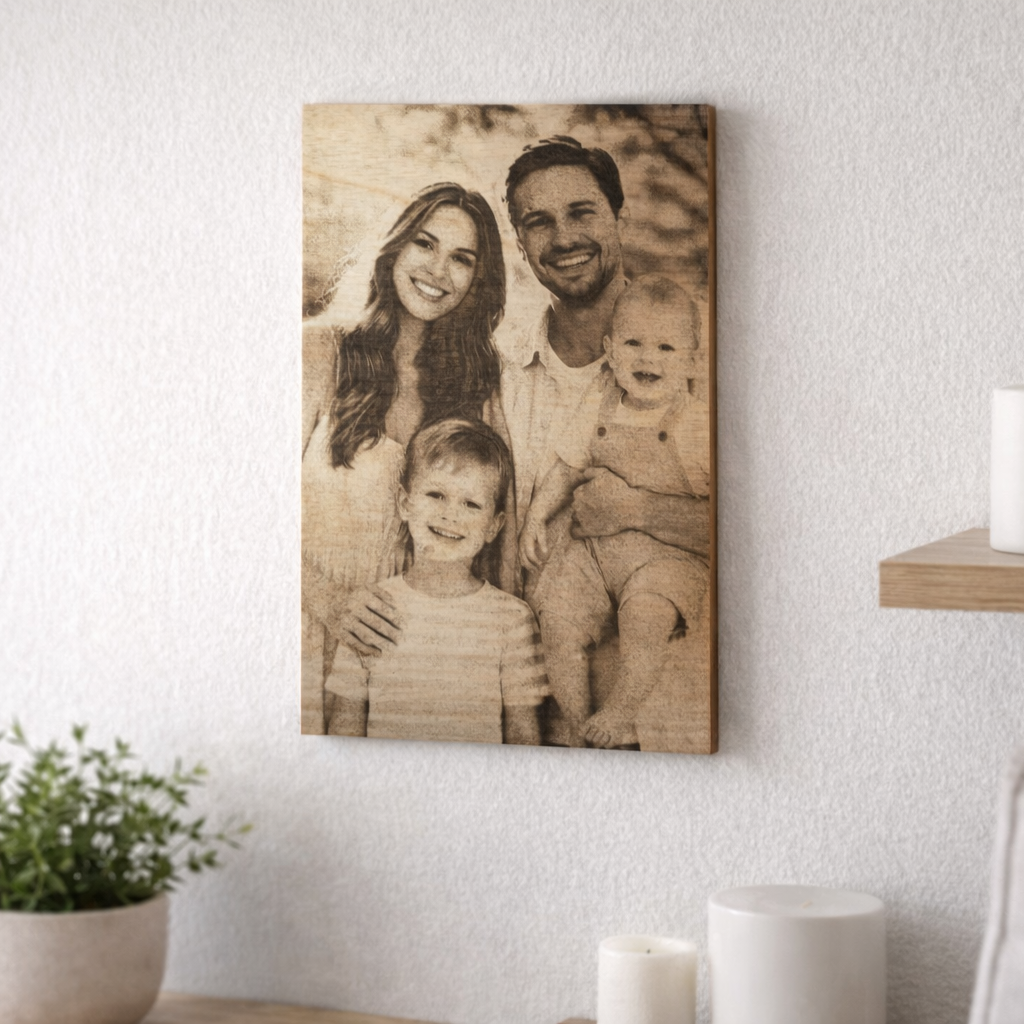Foto auf Holz 60x40 cm – Familie graviert mit Ständer – Personalisiertes Geschenk