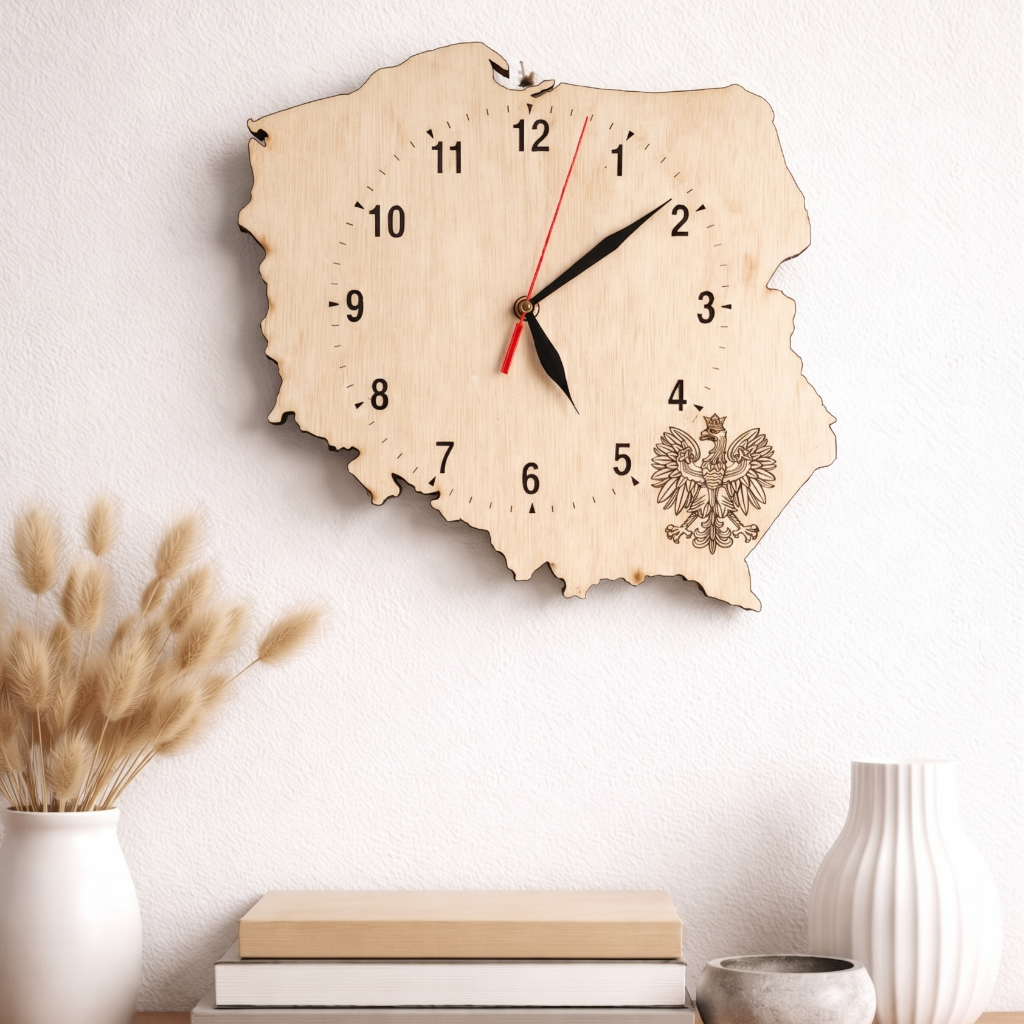 Holz-Wanduhr in Form von Polen mit graviertem Adler – 28 cm – Handgefertigt