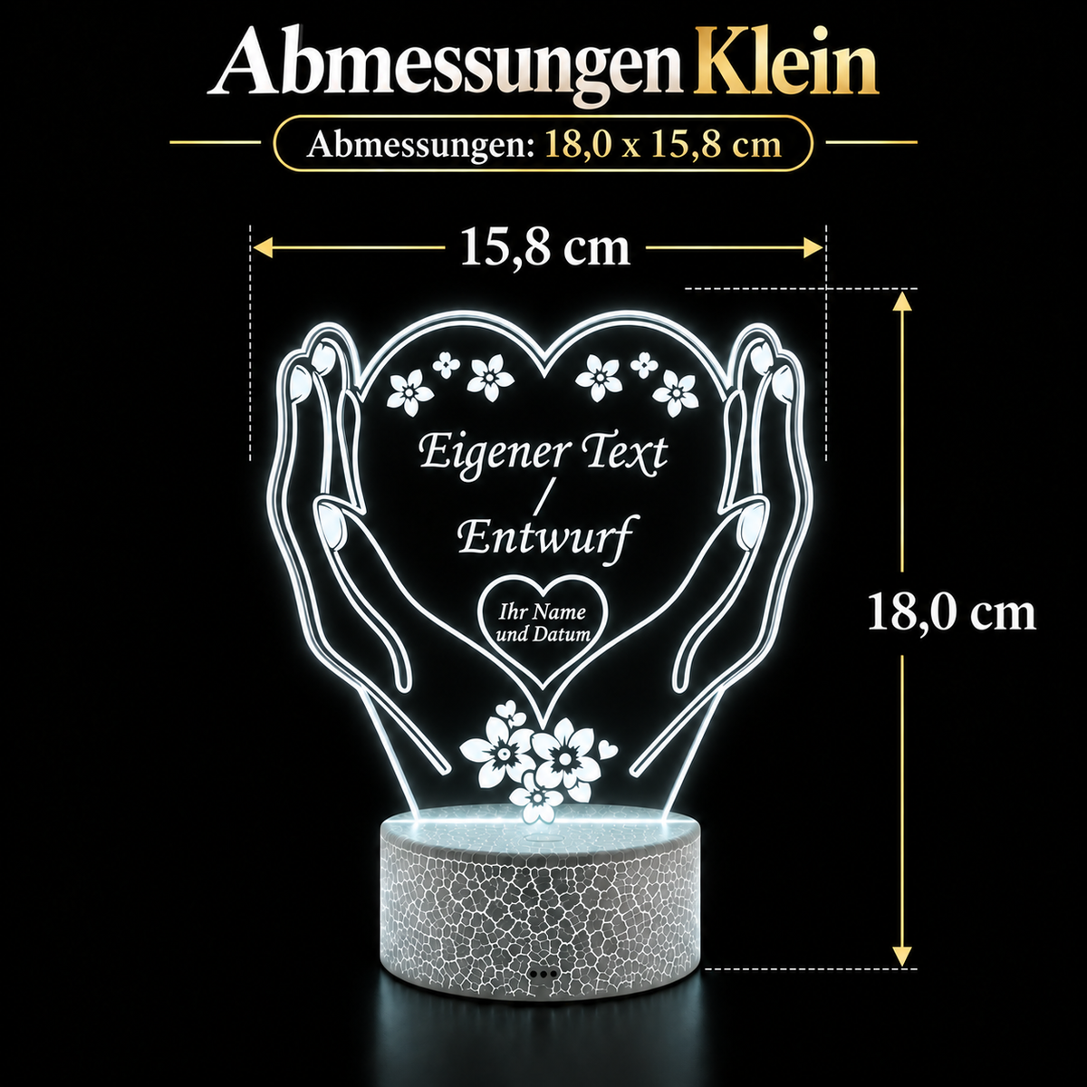 Abmessungen der personalisierten kleinen LED-Herzlampe: 18,0 × 15,8 cm