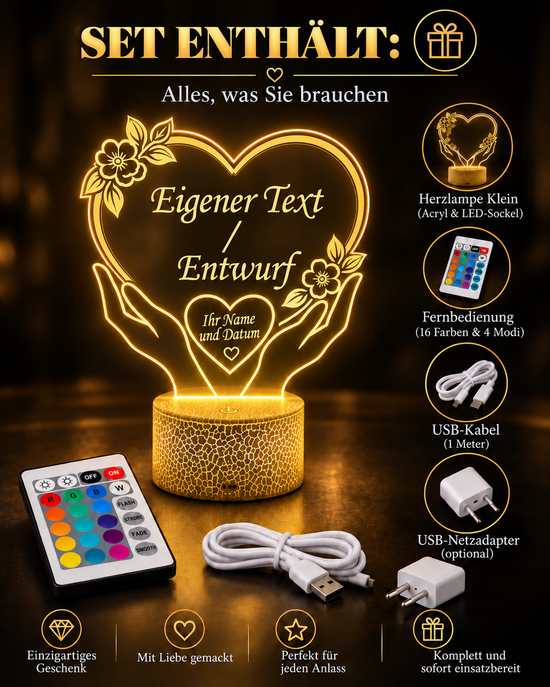 Set mit kleiner LED-Herzlampe, Fernbedienung, USB-Kabel und optionalem Netzadapter