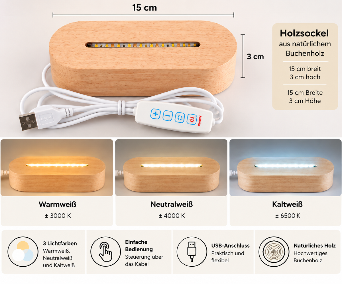 LED-Holzsockel mit drei Weißtönen, USB-Anschluss und Kabelbedienung – Warmweiß, Neutralweiß und Kaltweiß.