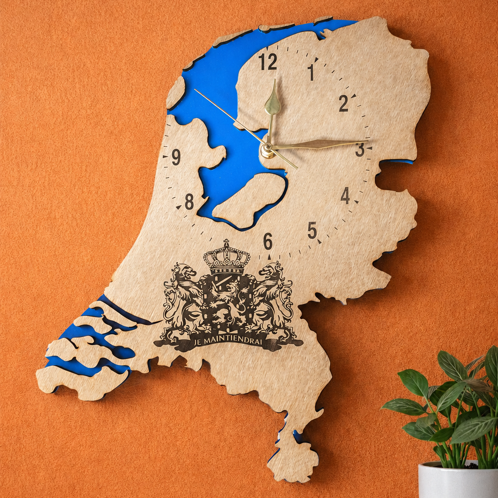 Niederlande Wanduhr aus Holz mit blauem Acryl und goldenen Zeigern – Handgefertigt 44x38 cm
