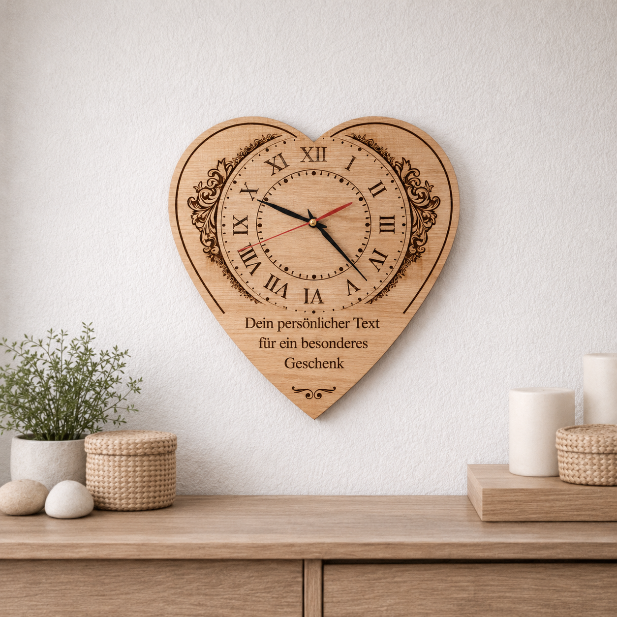 Hölzerne Herz-Uhr mit Lasergravur (personalisiert)