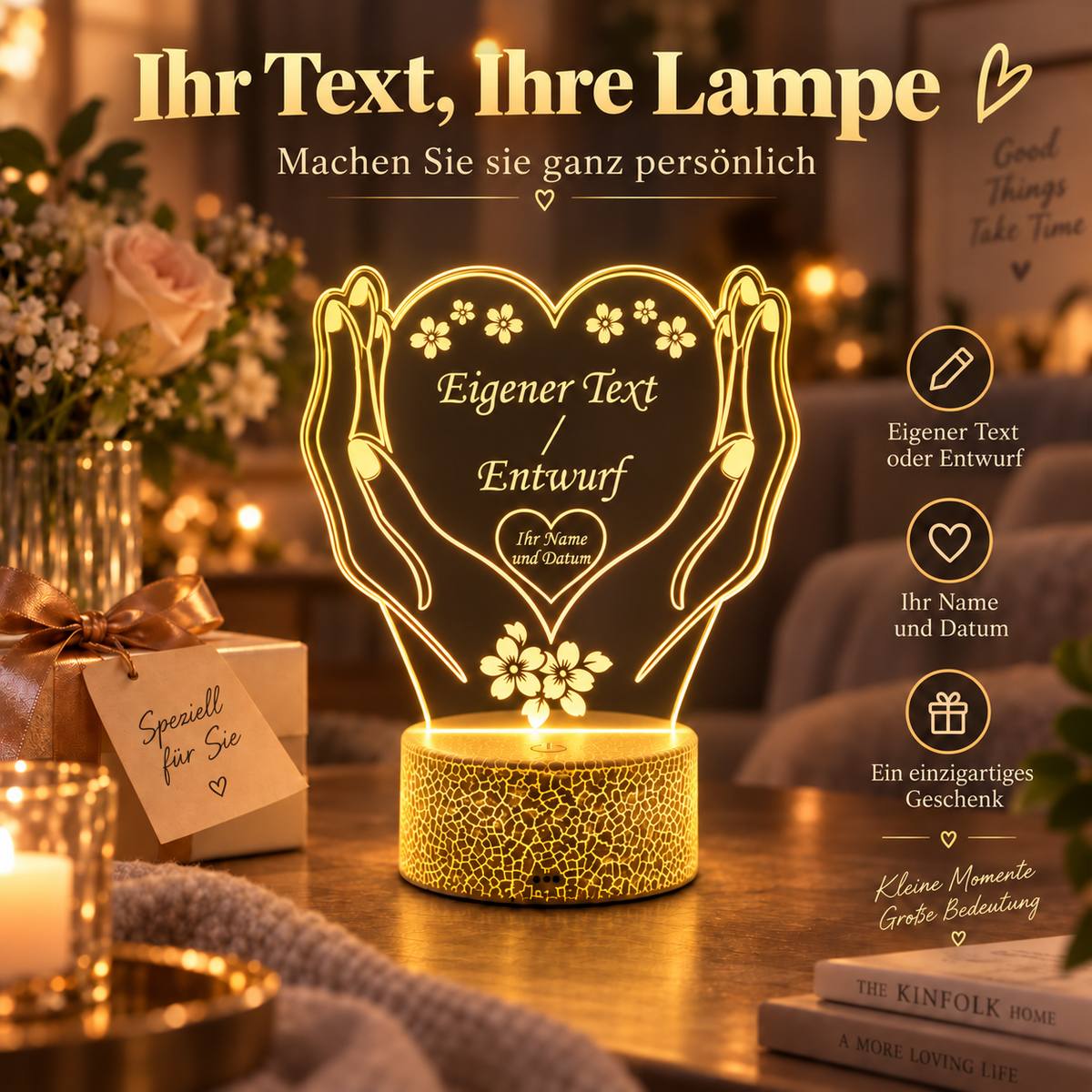 Personalisierte kleine LED-Herzlampe mit Cracked-Ice-Sockel und eigenem Text