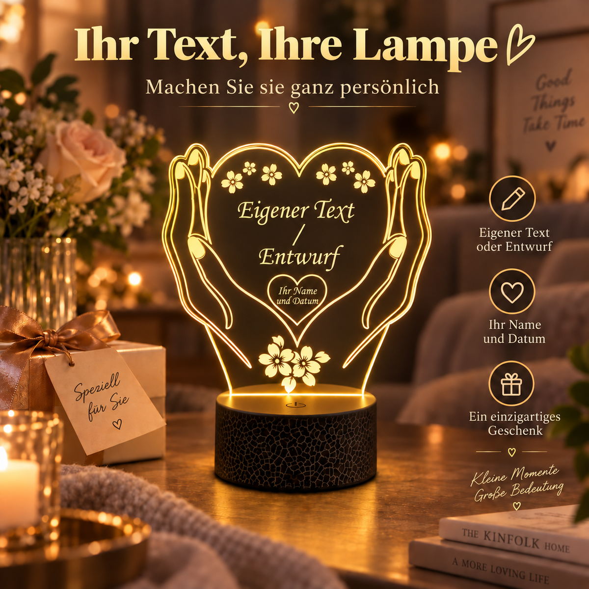 Personalisierte kleine LED-Herzlampe mit schwarzem Sockel und eigenem Text