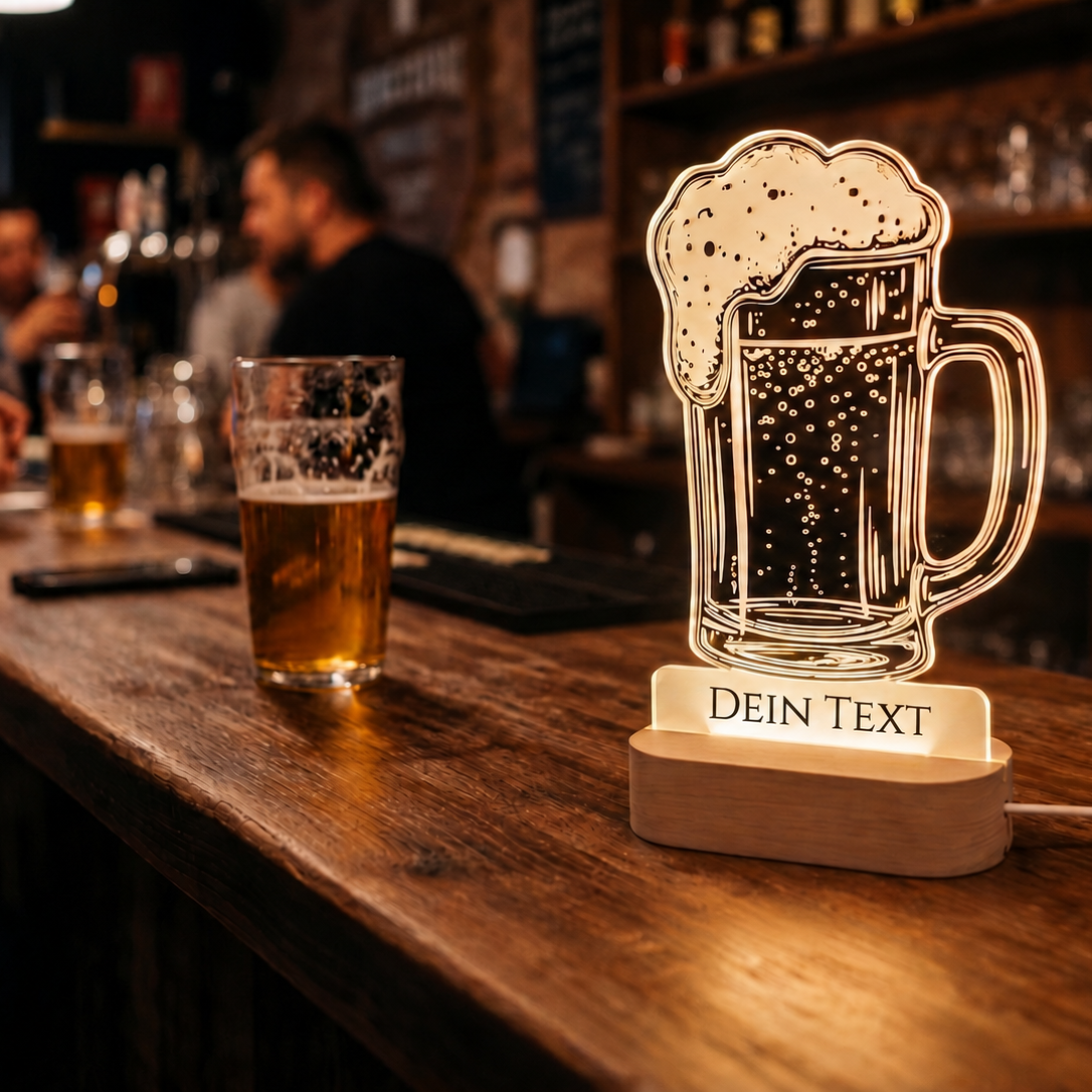 Personalisierte XL LED-Lampe in Bierkrug-Form mit Holzsockel und leuchtendem Wunschtext