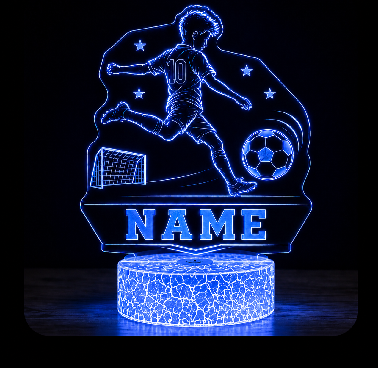 Personalisierte LED Fußballlampe mit Name – Cracked Ice oder Schwarz (16×21 cm)