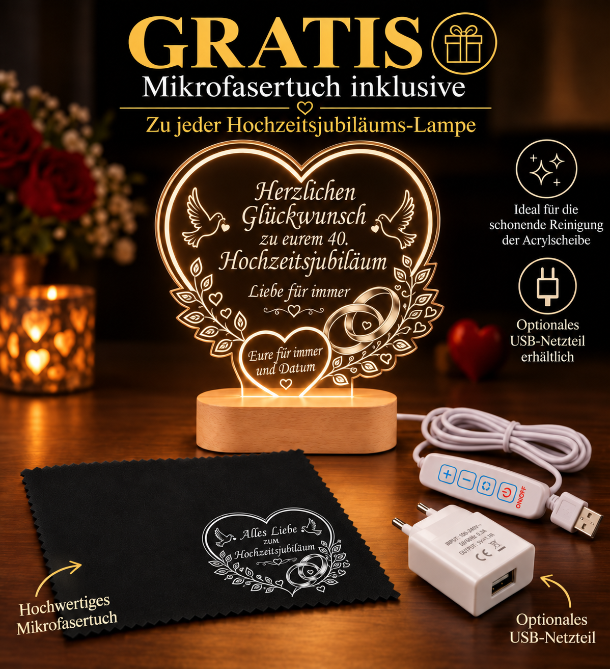 Personalisierte LED-Lampe zum 40. Hochzeitsjubiläum mit kostenlosem Mikrofasertuch und optionalem USB-Netzteil.