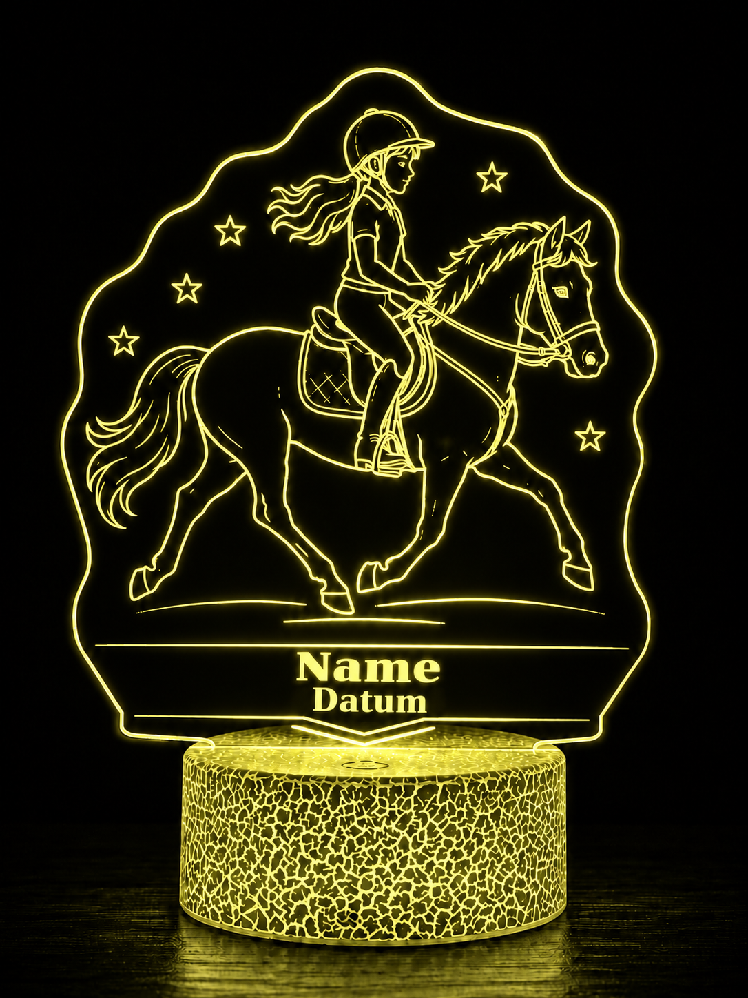 Personalisierte LED Pferdelampe mit Name – Cracked Ice oder Schwarz (16×17,5 cm)