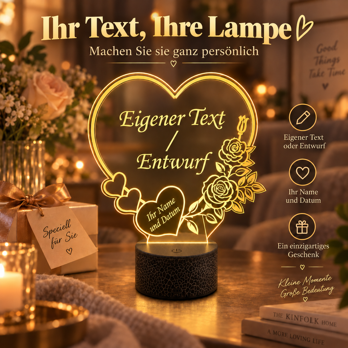 XL LED-Herzlampe – Eigener Text / Entwurf (28 × 24 cm)