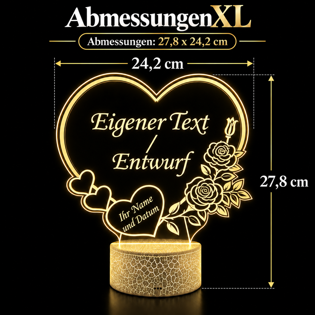 Abmessungen der personalisierten XL LED-Herzlampe: 27,8 × 24,2 cm