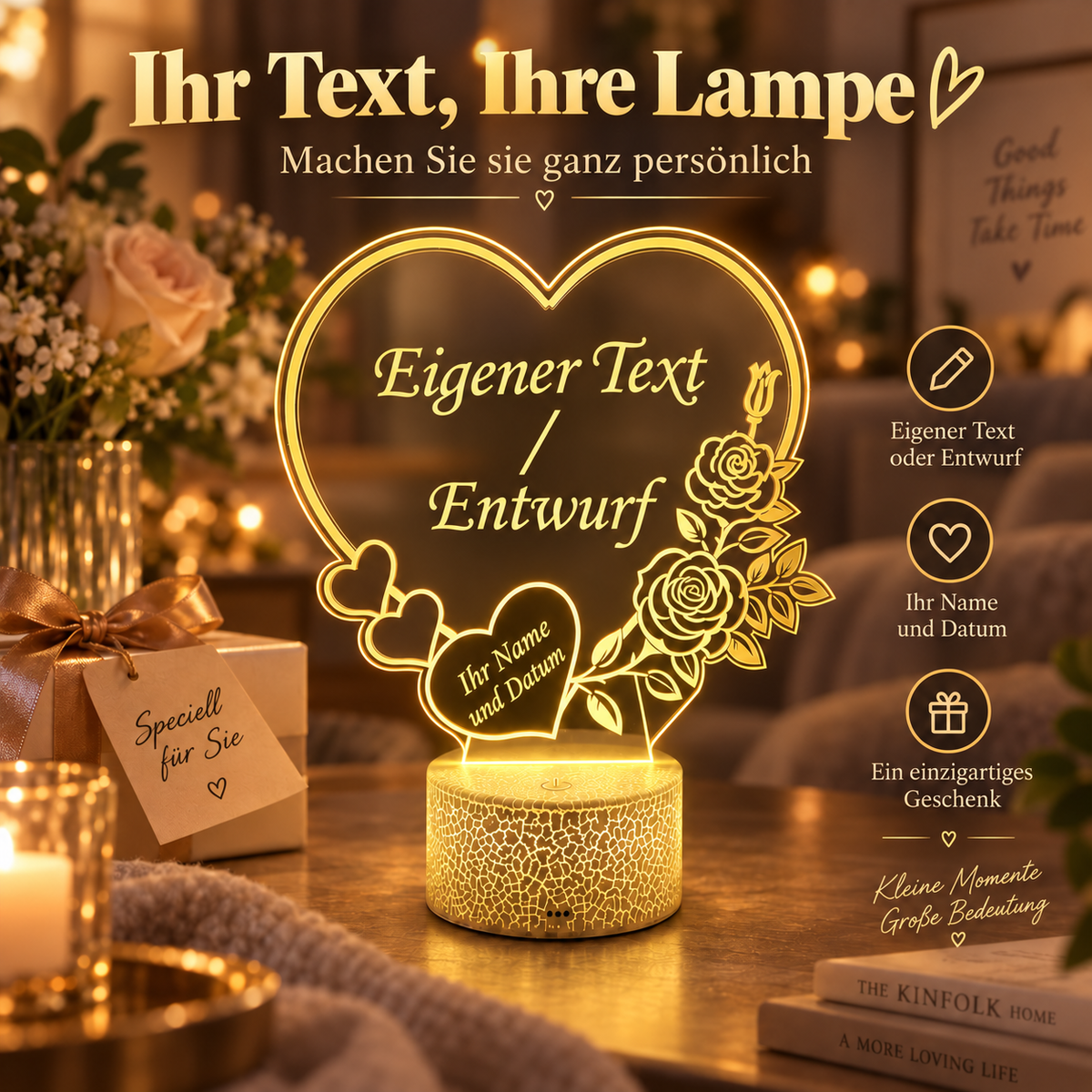 Personalisierte XL LED-Herzlampe mit eigenem Text in warmer Wohnatmosphäre