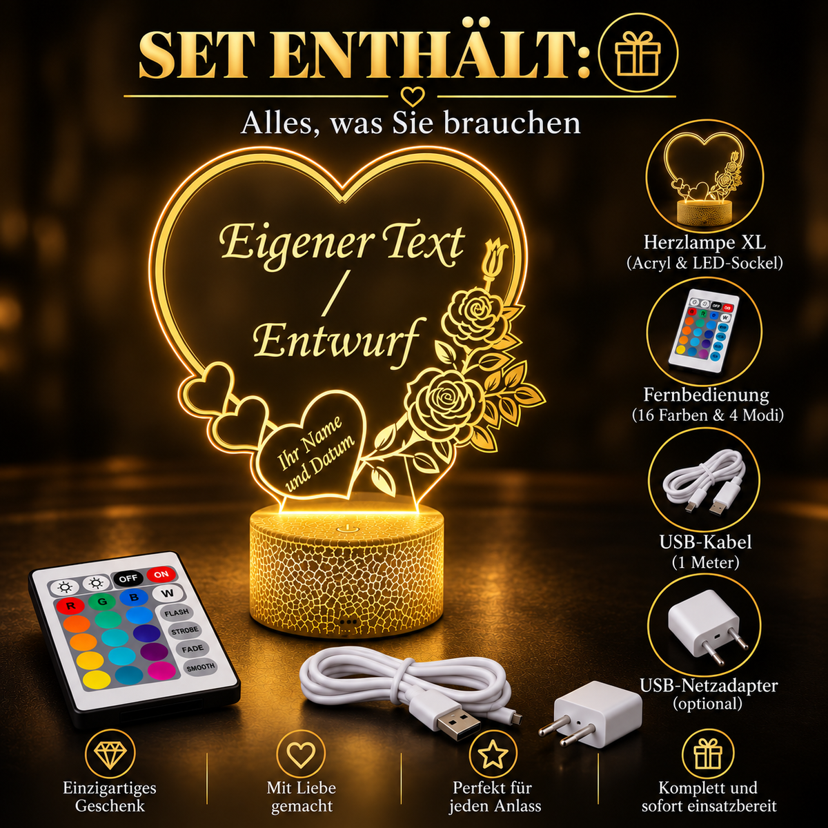 Set mit XL LED-Herzlampe, Fernbedienung, USB-Kabel und optionalem Netzadapter